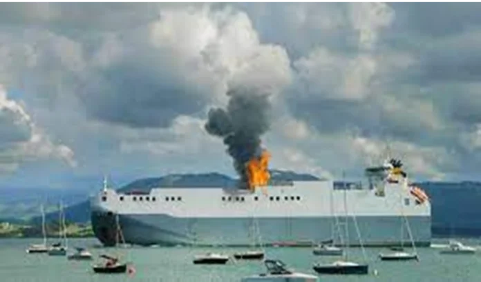 huge fire in cargo ship